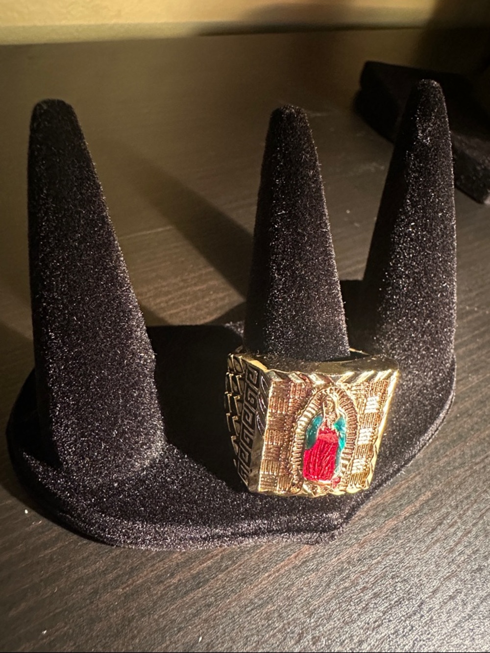 Plated Gold Religious Statement Ring with Red and Green Enamel